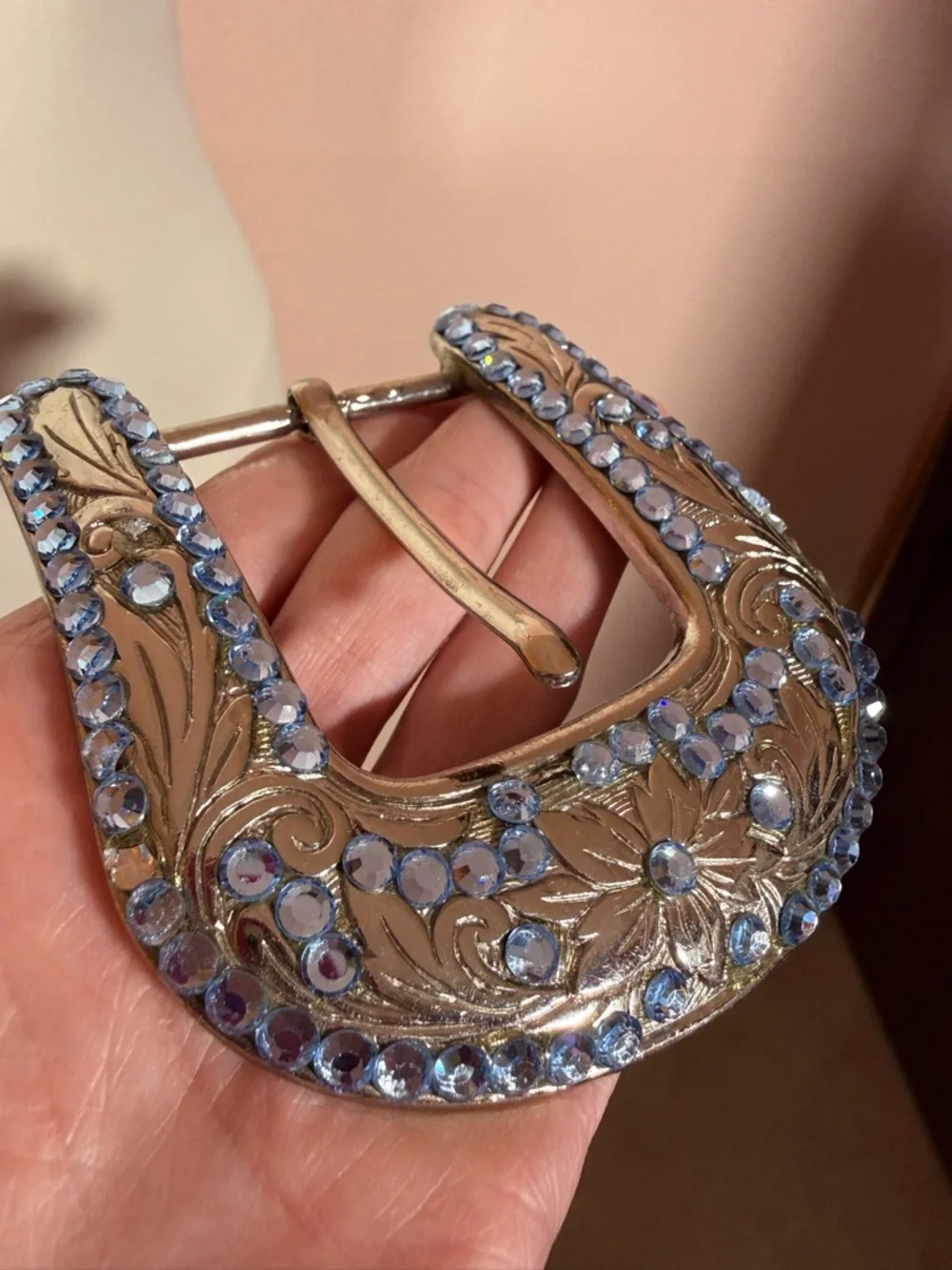 B.B. Simon Blue crystal Etched Silver Metal Oversized Western Belt Buckle